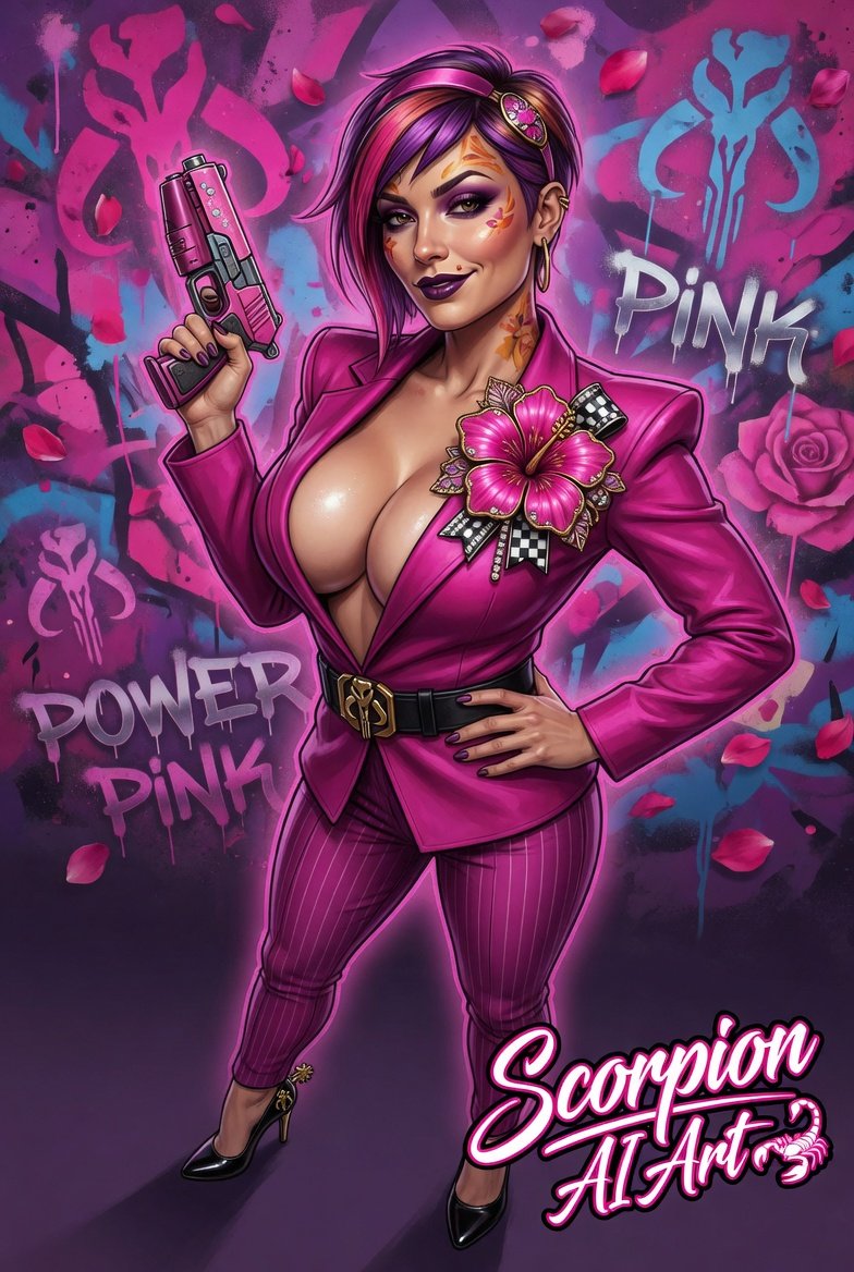 Power Pink: Vibrant fuchsia power suit, oversized floral brooch on the lapel, stiletto heels
