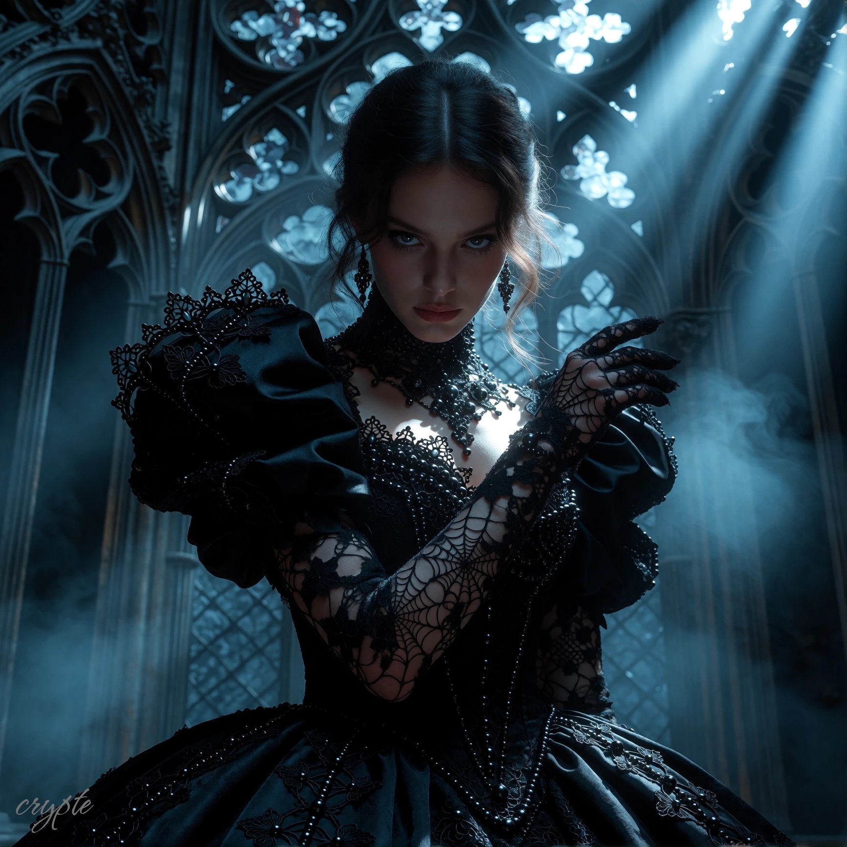 Beneath the vaulted arches, the dagger-like moon tears through the veil, Each ray is a shiver, each…