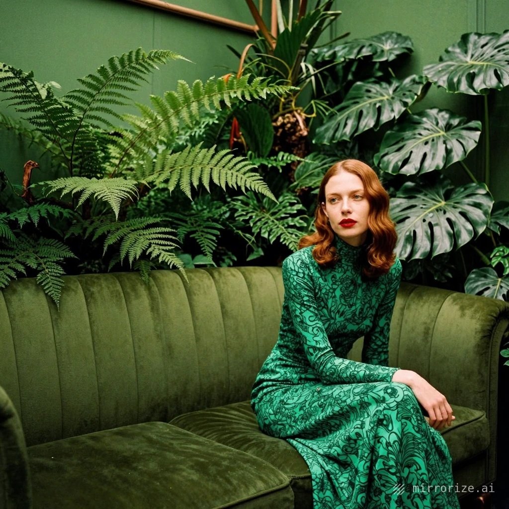 kaoruyamada2q painting. A sophisticated woman with chin-length, wavy auburn hair sitting on a luxurious green velvet sofa. She is looking off-camera, 