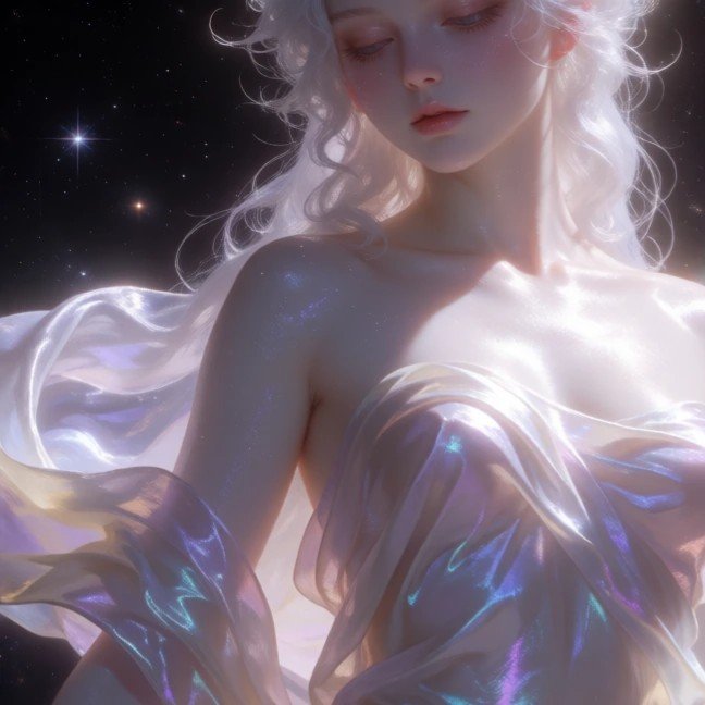 An otherworldly feminine deity rendered in luminous soft-focus photography, her translucent pale skin catching celestial light with subsurface scattering, draped in flowing iridescent silk that shifts between pearl and lavender as it moves, her gaze
