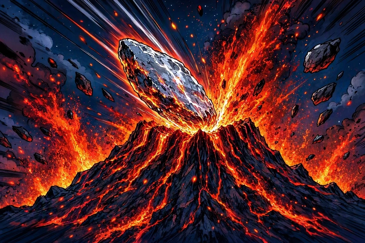 A Molten Lunar Shard Striking The Peak Of An Erupting Volcano