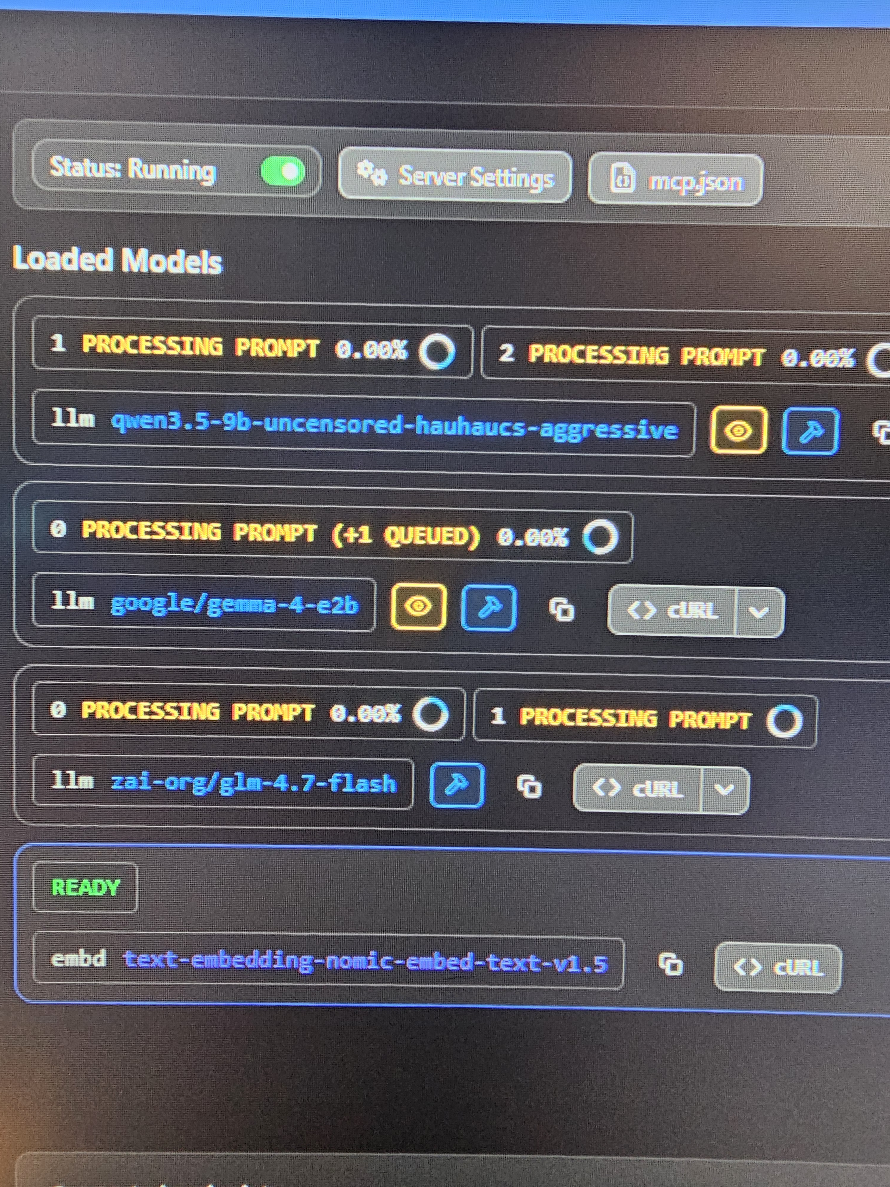 4 LLMs loaded in LM Studio Server 2 connections per LLM 8 concurrent connections I wasn't quick enou…