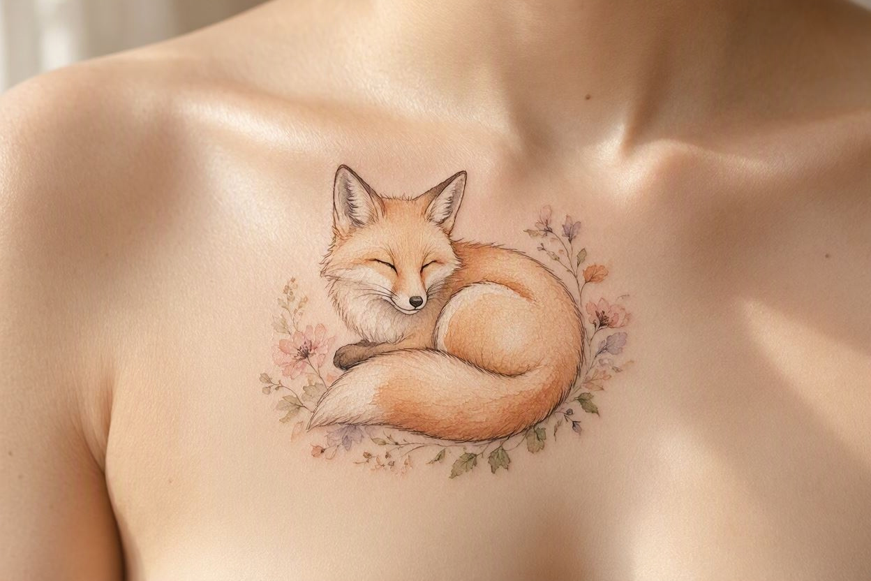 A Delicate Small Fox Chest Tattoo Design
