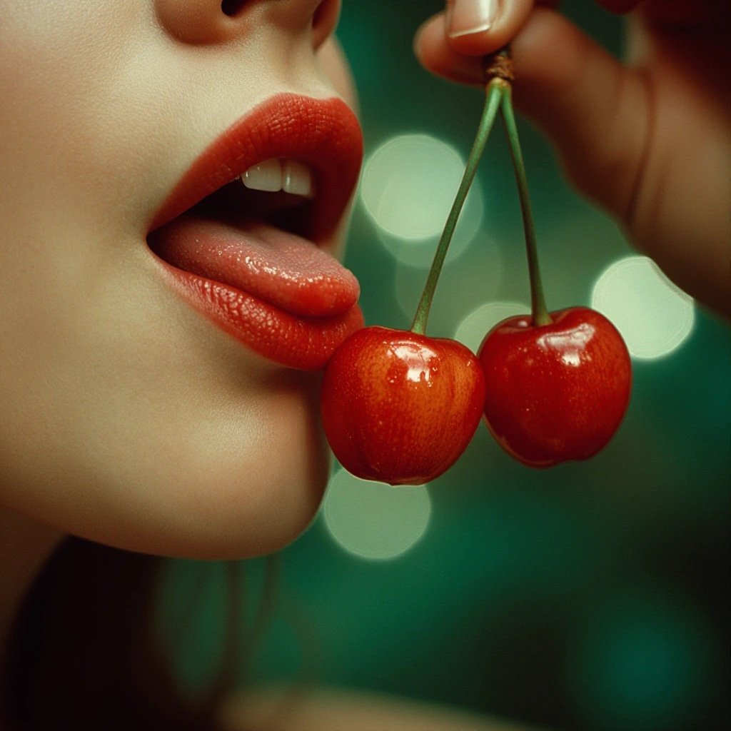 Extreme closeup of full, crimson lips suggestively puckering as if to kiss two ripe red cherries she dangles delicately with her fingers.