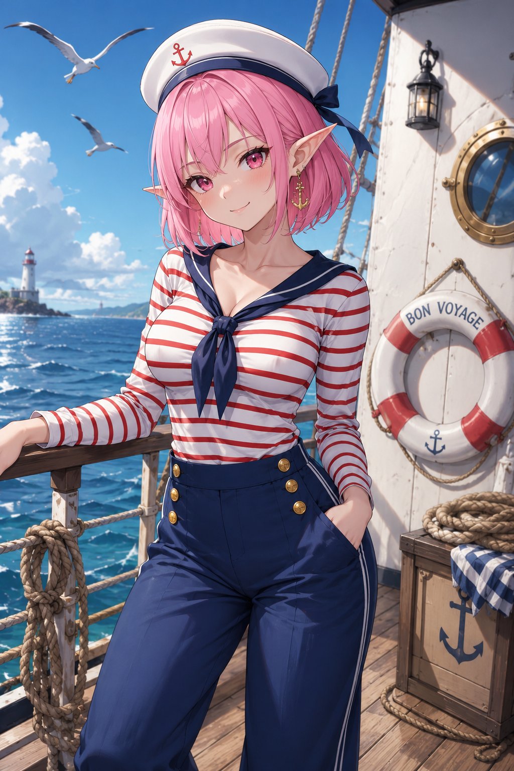 Nautical: Blue sailor pants, white/red striped top, canvas sailor hat