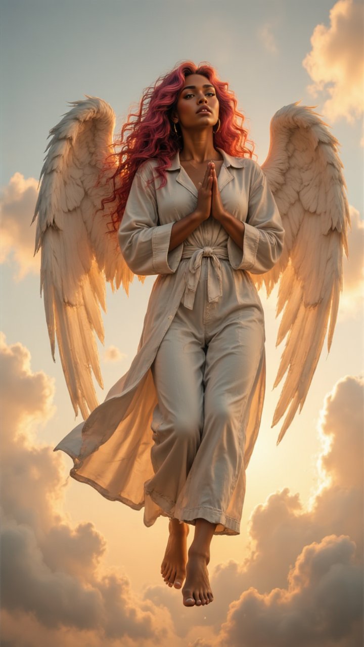 Prompt : (masterpiece), best quality, expressive eyes, perfect face, clothed,dawn sky,Angel in the s…