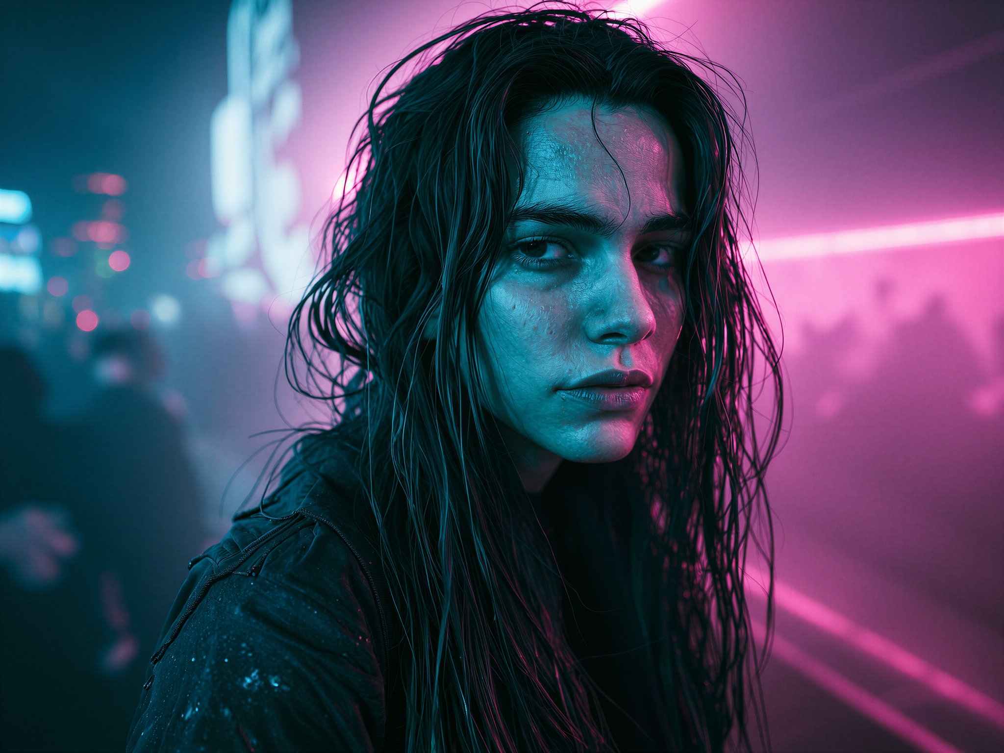 I love this prompt : A photograph of a young woman, soaked and visibly distraught, her dark hair disโฆ