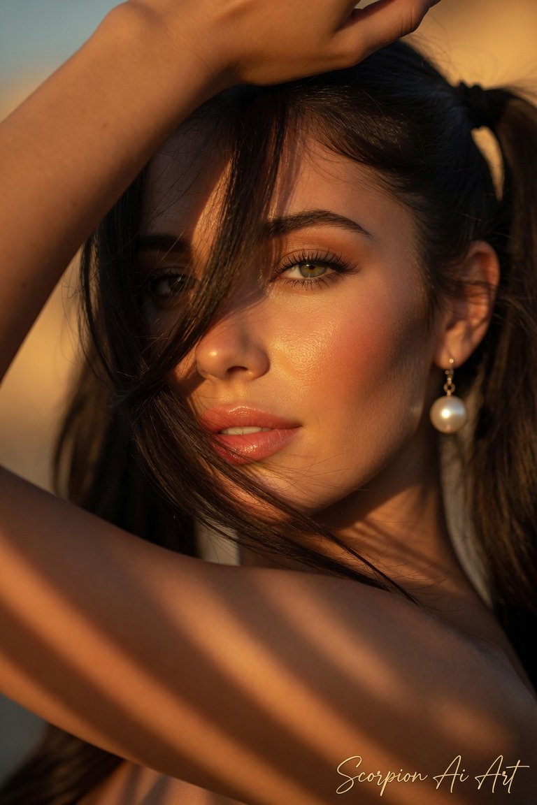 #promptshare Ultra-close-up cinematic beauty portrait of a young woman during golden hour sunset, fr…