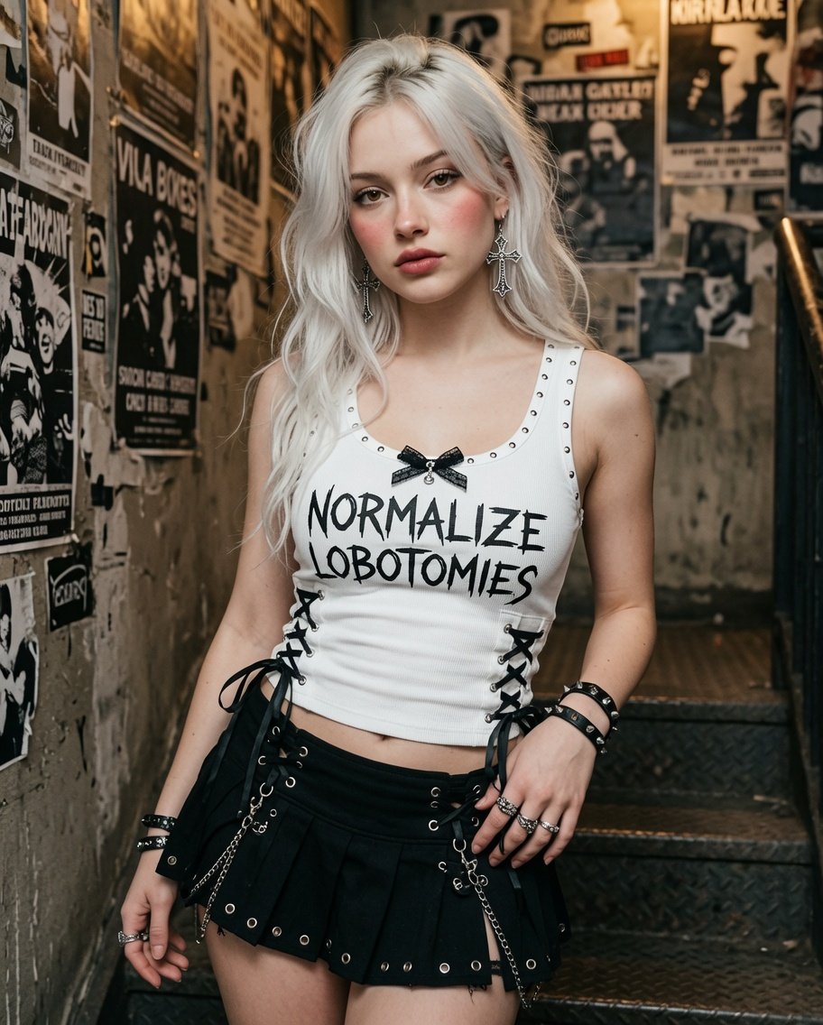 [ | Direct eye contact with camera | Effortless grunge aesthetic | Confident alternative pose] [Long…