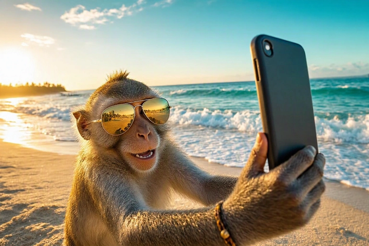 A Playful Macaque Taking A Selfie On A Sunny Beach