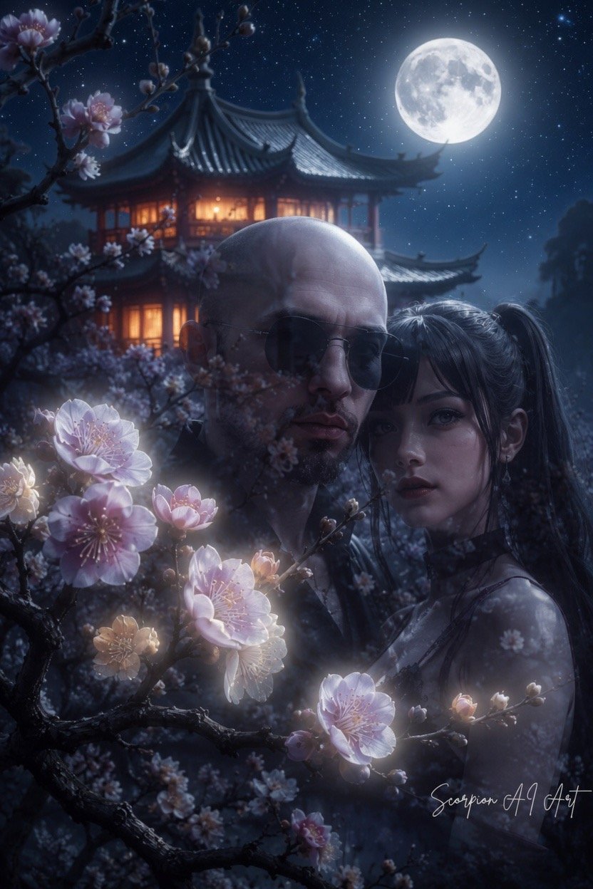 Goodnight #PromptShare Vibrant pink plum blossoms in sharp focus filling the foreground, delicate fi…