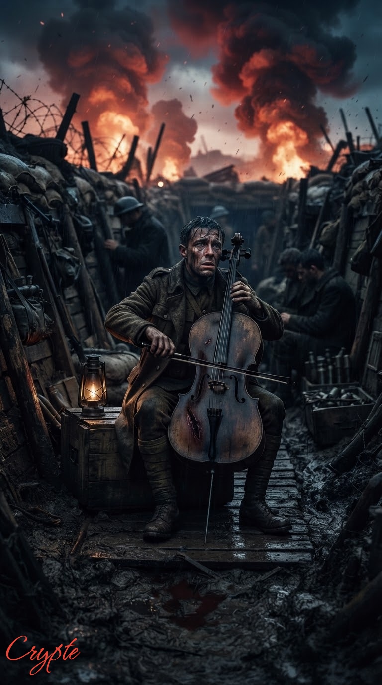 #dailyspark "the cellist of the deep trench" 😱💥🔥 The sky spews embers, The earth is a grave. Amidst…