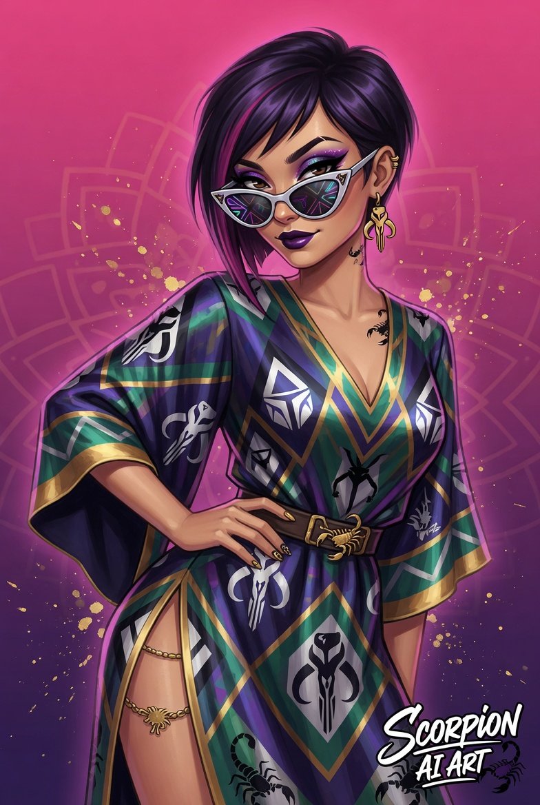 Cat-Eye Glam: Geometric-patterned silk caftan, white-framed cat-eye sunglasses