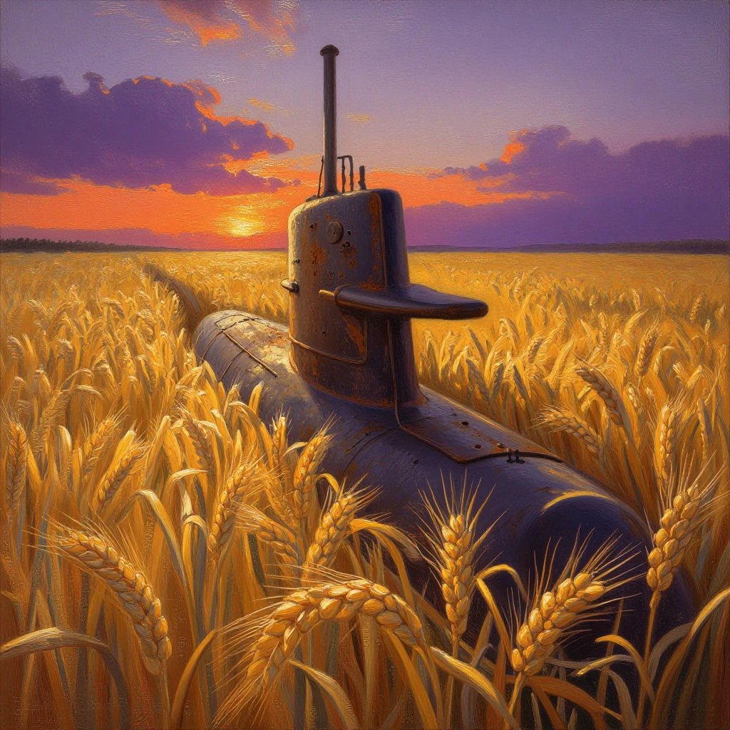 #dailyspark A submarine surfacing in a wheat field