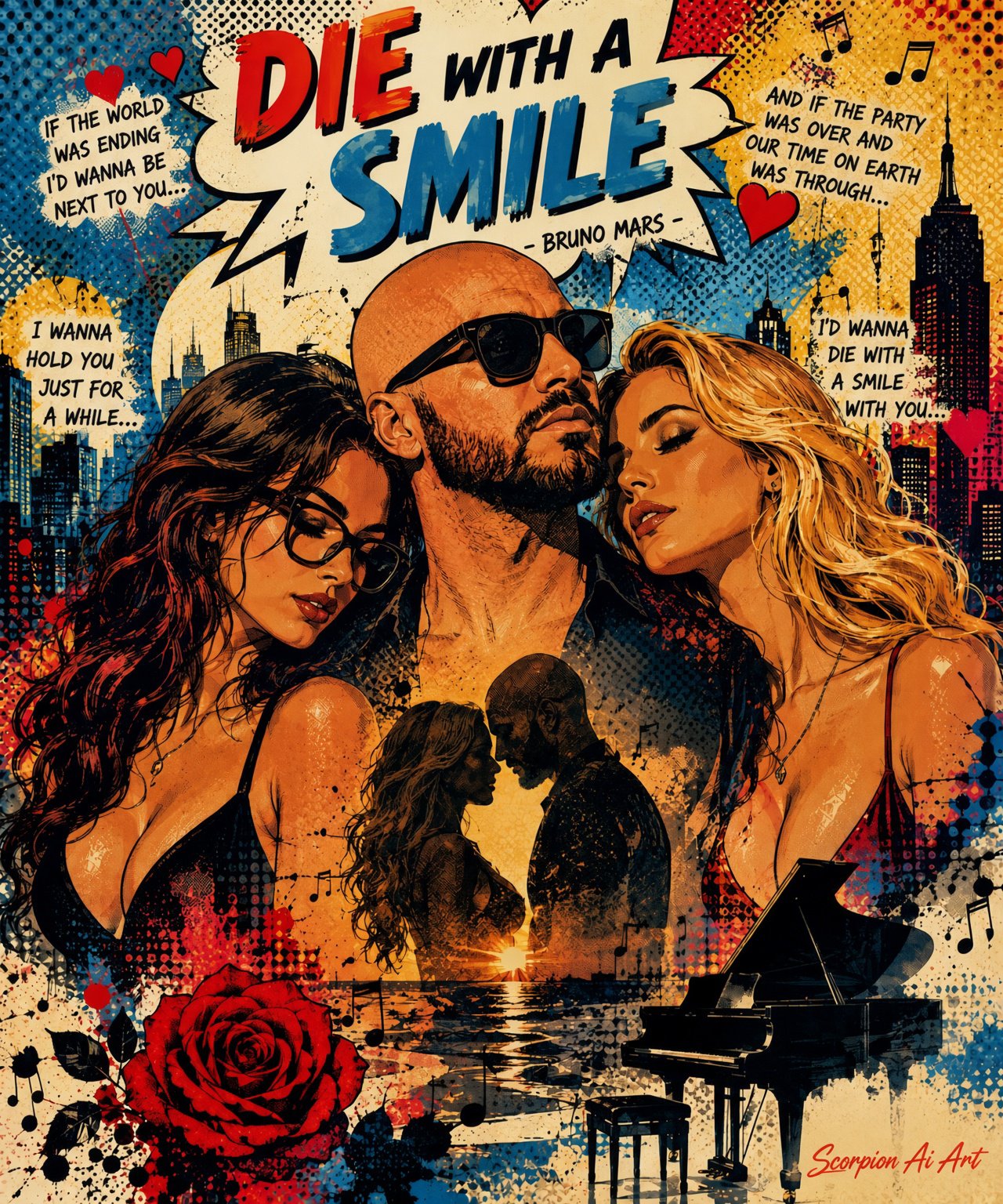 Sing it out loud Tuesday 🎤🎧🎵 #AiArtStyles2 Day 2 Pop Art “Die With A Smile” Bruno Mars and Lady Gaga