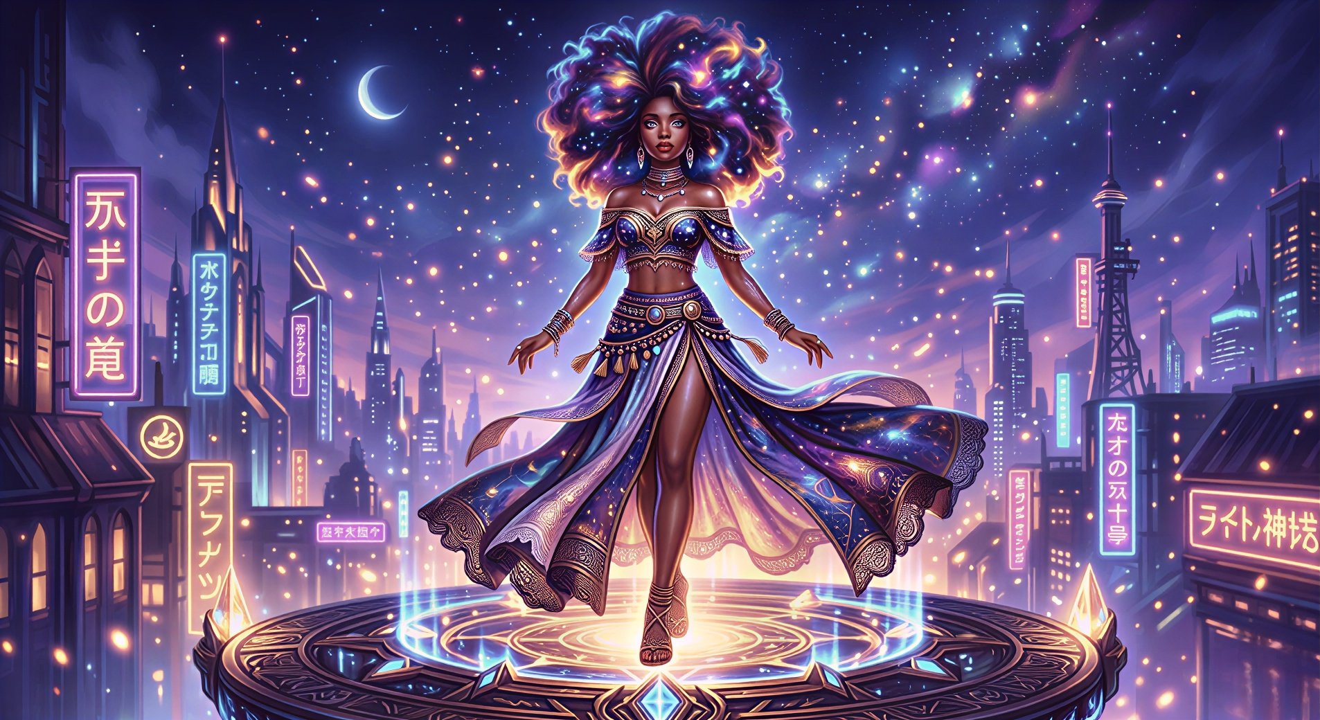 ✨ A lady bathed in starlight, standing before neon cities — where cosmic fantasy meets cyberpunk glo…