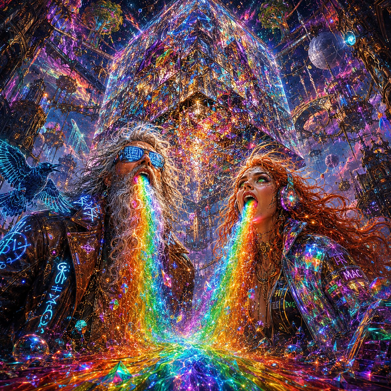 AiM and MAC stand together at the bottom of an impossible Nine Realms megastructure, staring straight upward in stunned ecstatic disbelief at a colossal floating MIRROR CUBE suspended above them. The cube is an ancient impossible artifact, kilometers