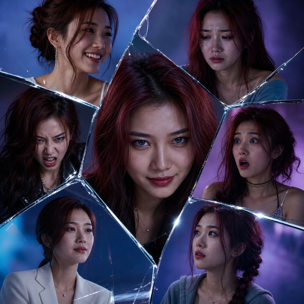 [Prompt] Fractured Image. At the center of the image is a woman's face: Asian, with dark red hair, b…