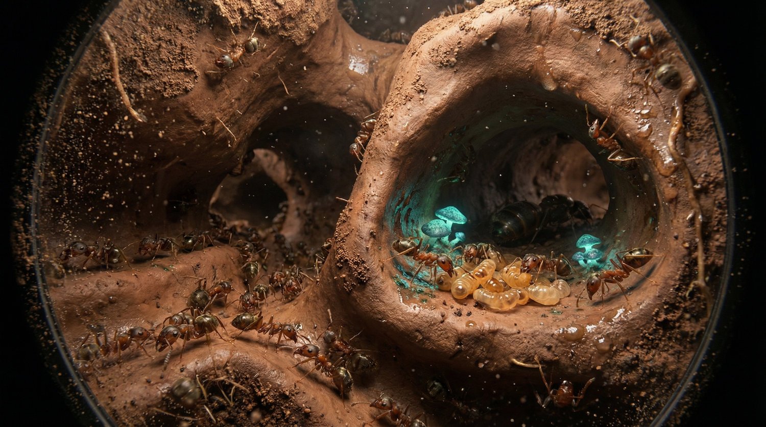 Macro periscope lens view descending into active ant colony interior, intricate tunnel network carve…