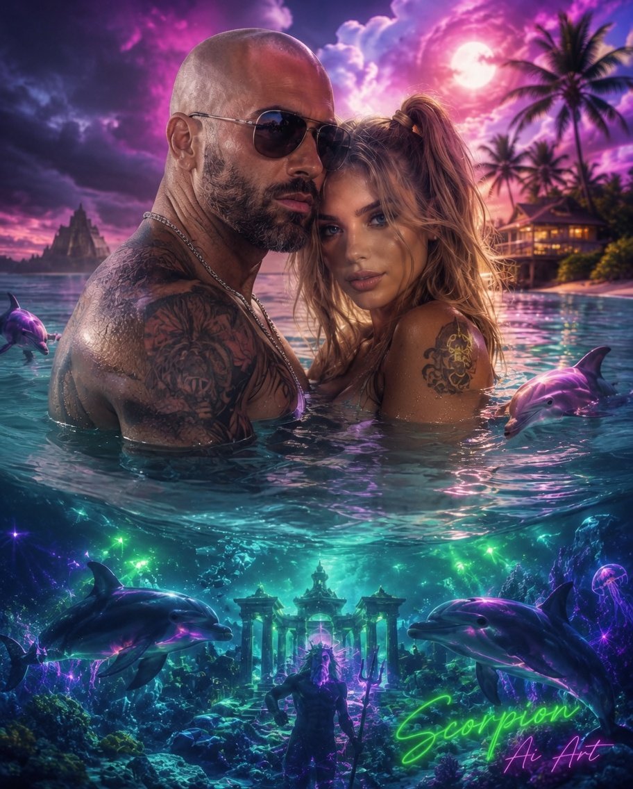 A double exposure of a bald man with trimmed beard and sunglasses and gorgeous bombshell brunette with twin tails. In the Bahamas swimming with Dolphins. Romantic atmosphere. Add Signature: Scorpion Ai Art