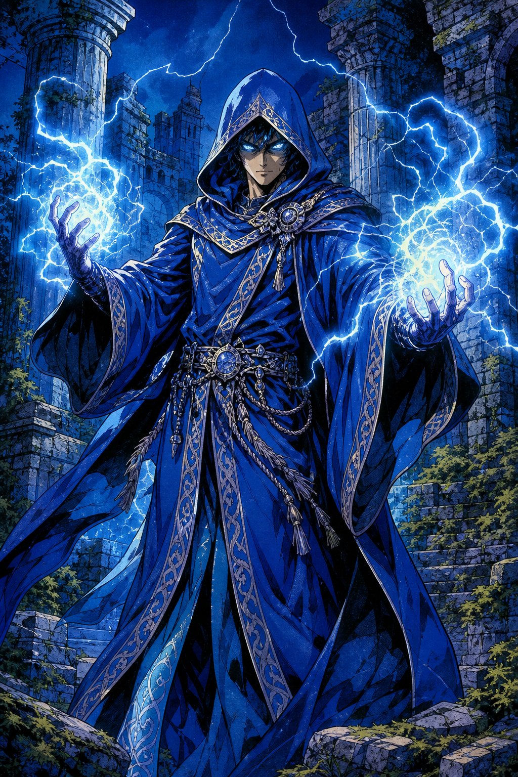 1980s Anime-style wizard charging up a spell.