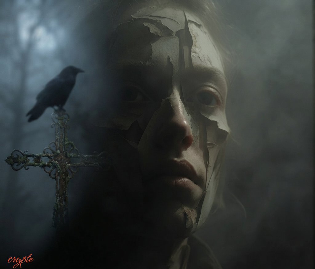 Beneath the layers of time, the mask cracks. All that remains is silence, and that rusty cross pierc…