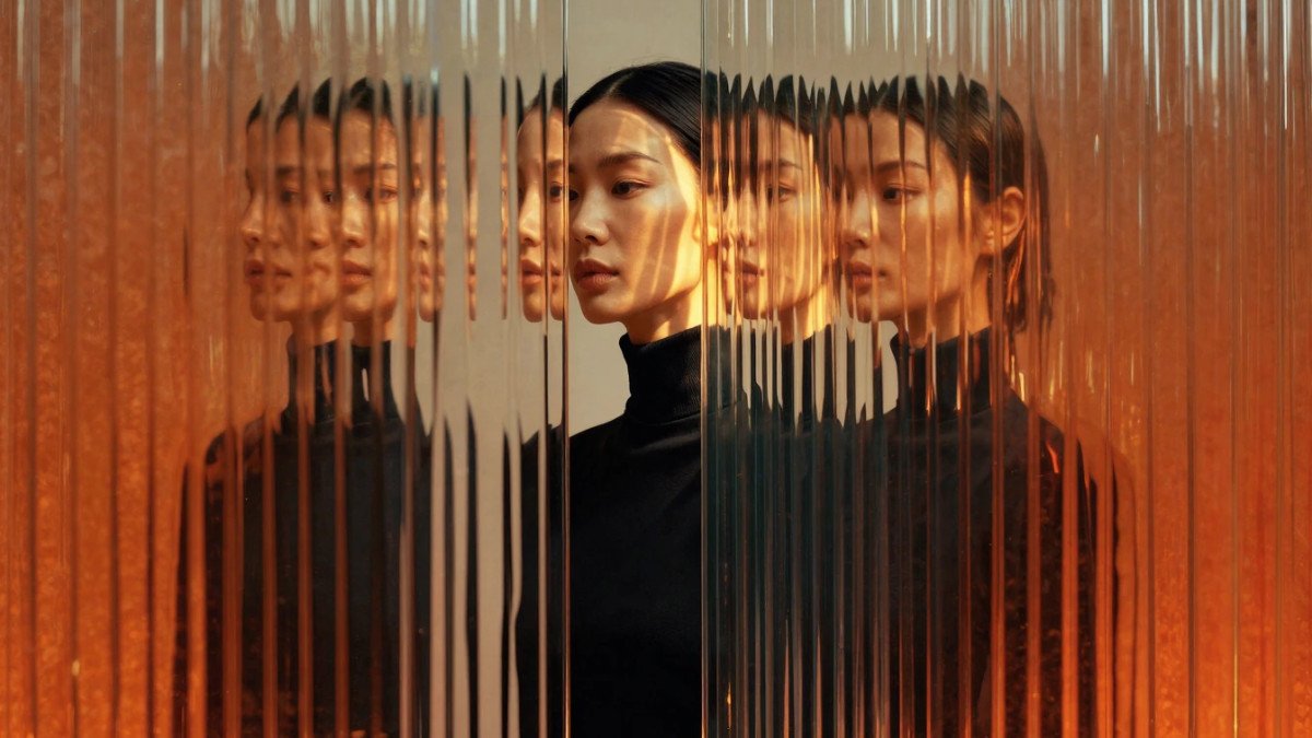 Head-to-waist portrait of elegant Asian woman, centered composition, wearing sleek black turtleneck, entire image viewed through thick vertically-ribb