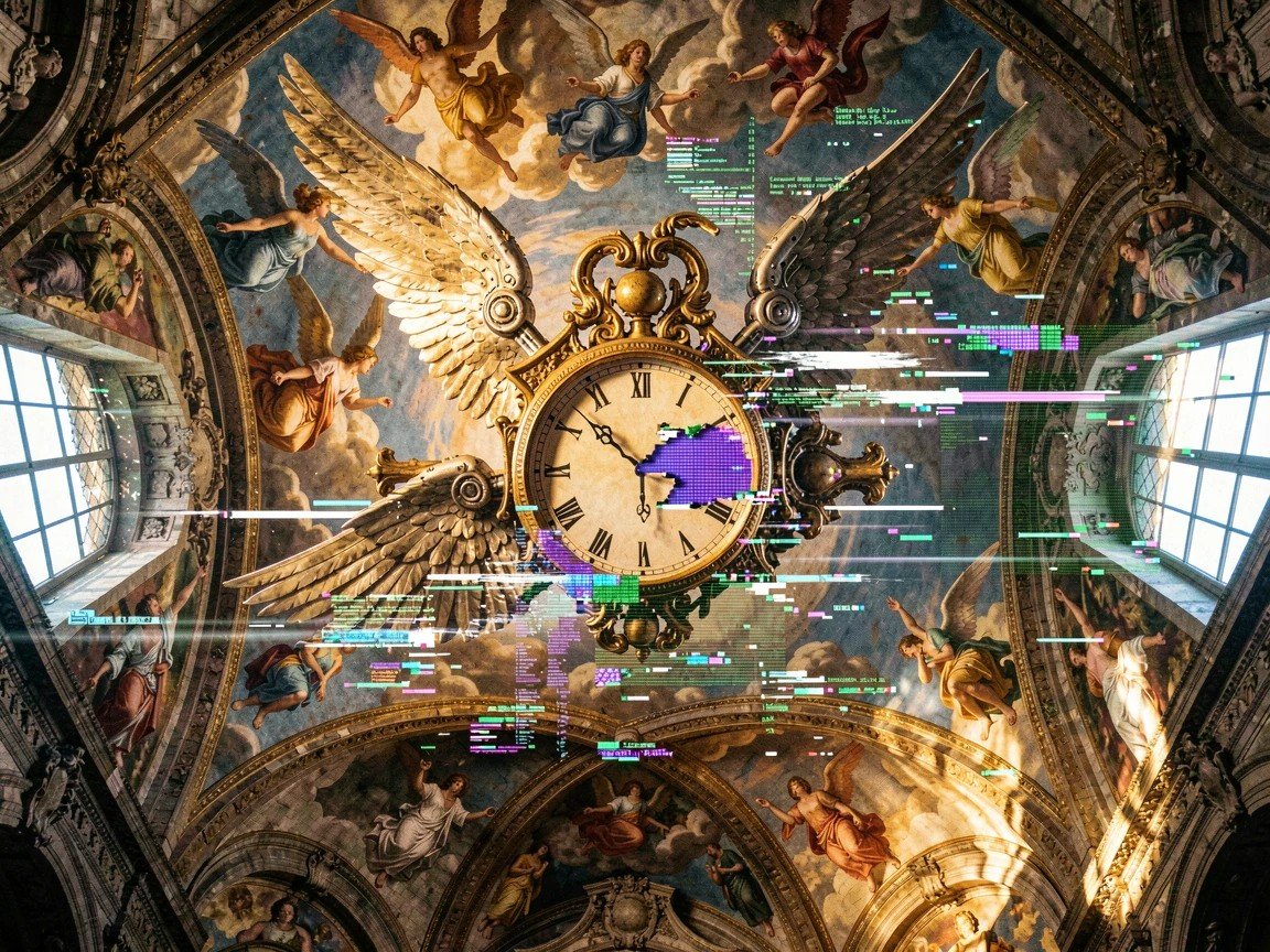 { "shot": {"composition": "Wide ceiling fresco dissolving into glitch pixels, viewed from below", "camera_motion": "Slow upward tilt", "frame_rate": "