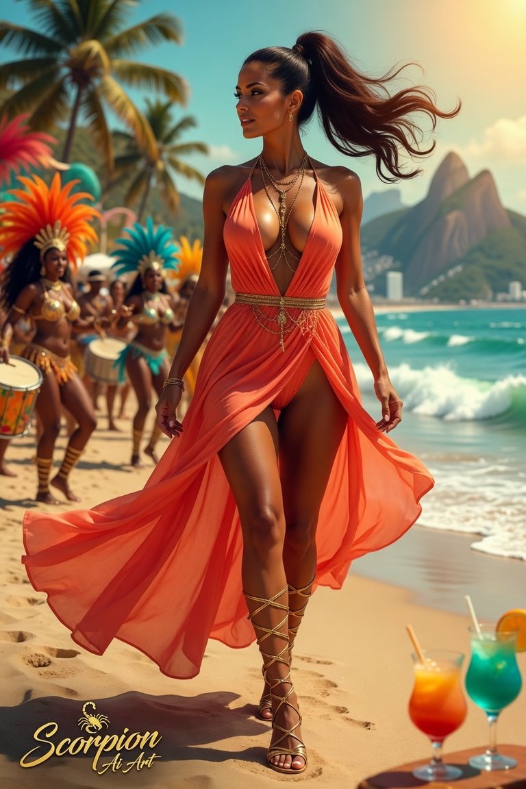 #JulyCityVibes2026 Day 29 - Rio de Janeiro — Carnival Summer Orange, coral or turquoise dress + gold…