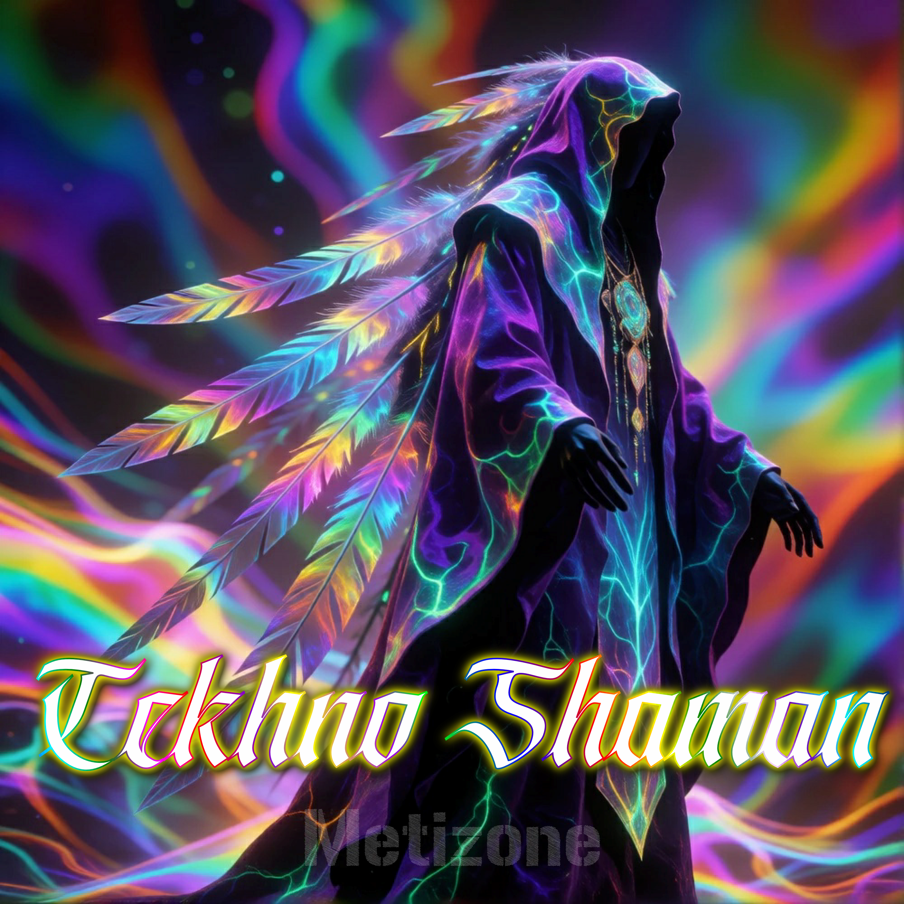 Tekhno Shaman draped in prismatic fractals of deep violet and cyan, their ceremonial robes bleeding with bioluminescent emerald veins, holographic fea