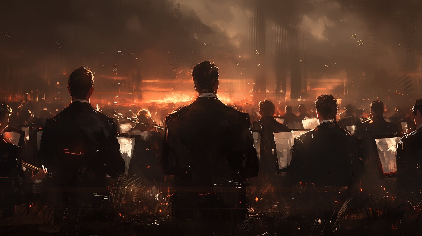 The orchestra stands in the empty field, backs turned to the dark, instruments raised against a sky…