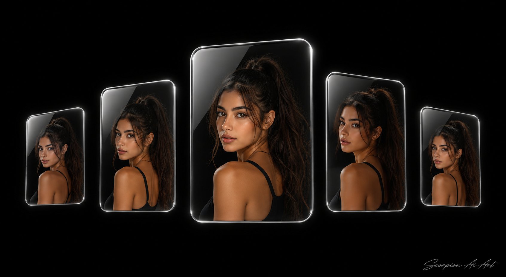 #promptshare A minimalist graphic design showcasing exactly 5 floating glass-like portrait cards sus…