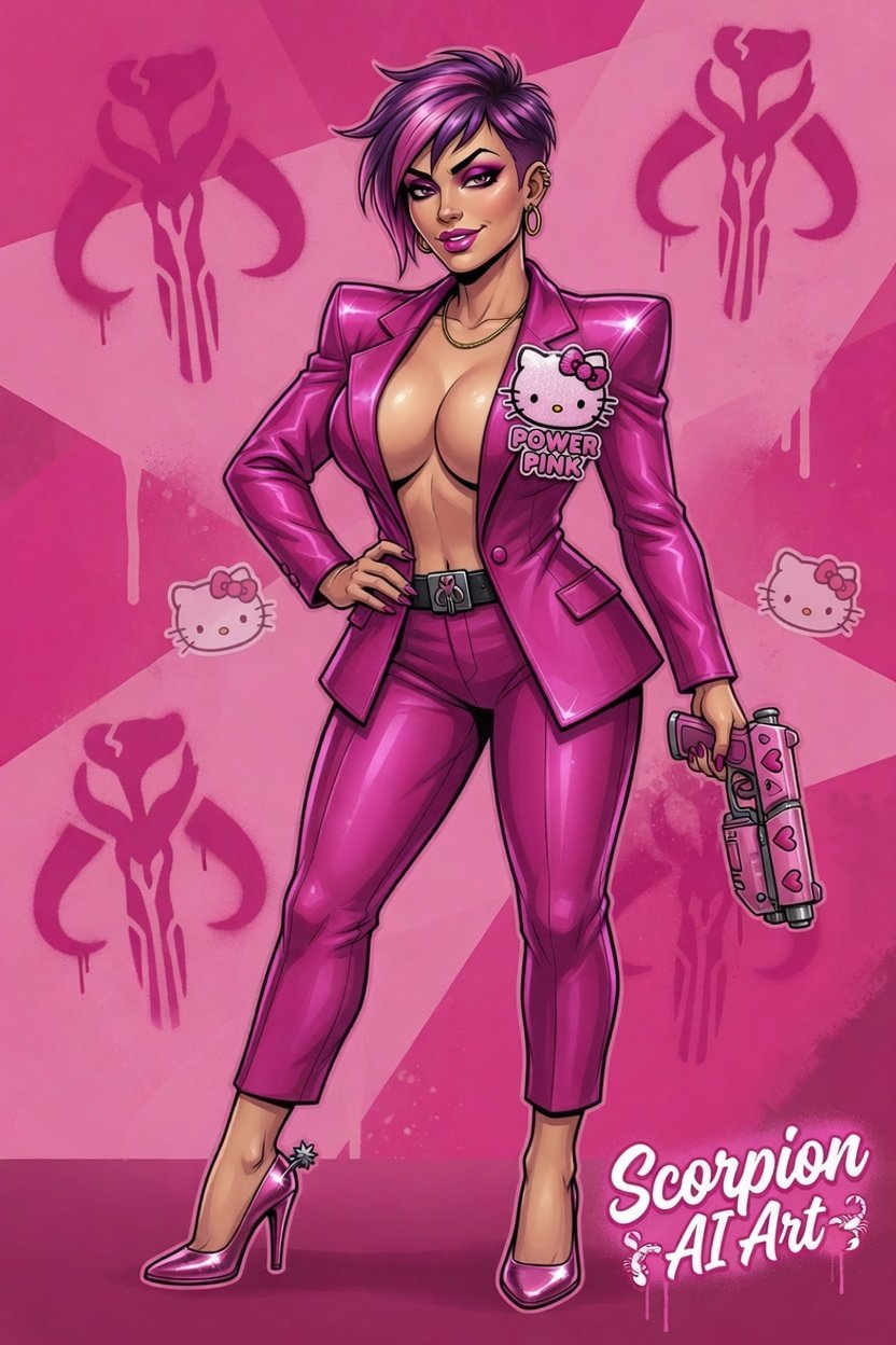 Power Pink: Vibrant fuchsia power suit, Hello Kitty brooch on the lapel, stiletto heels