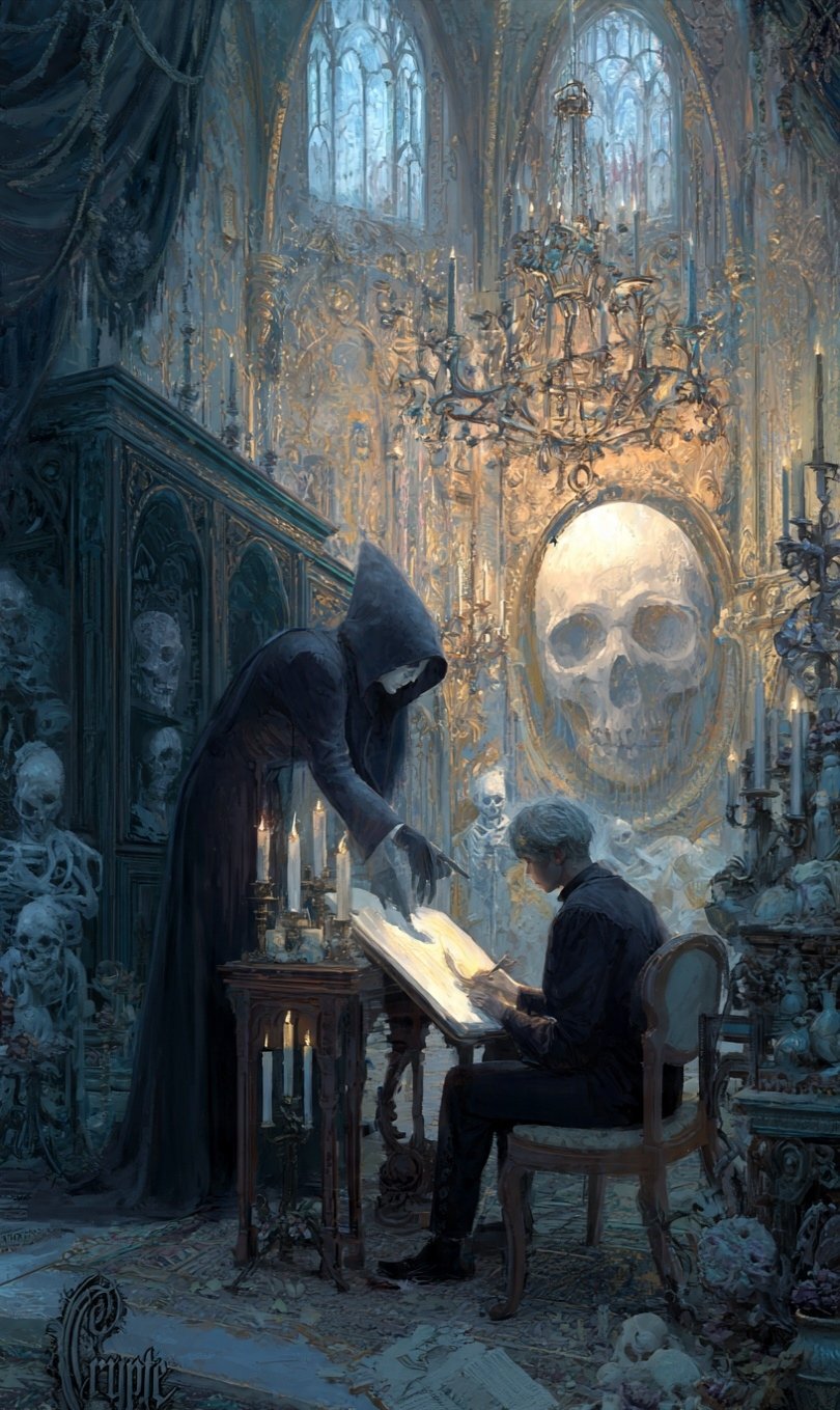 In the shadows, my mentor whispers What the living dare not hear. I write. I engrave upon the parchm…