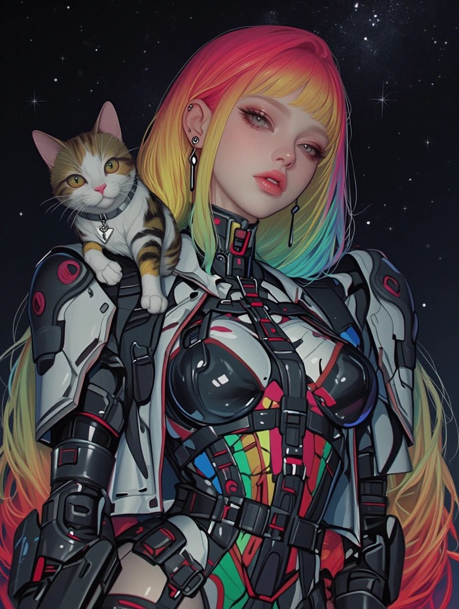 MiniNiji. Beautiful woman in a sleek rainbow steampunk futuristic mech jumpsuit . Rainbow cat on sho…