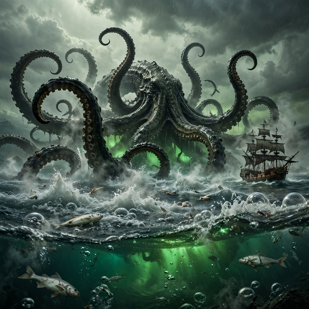 🎃 Day 5: Kraken Rising A boiling ocean as the titan rises fr…