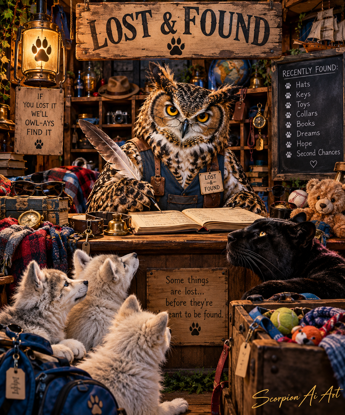 #dailyspark an owl running a lost-and-found