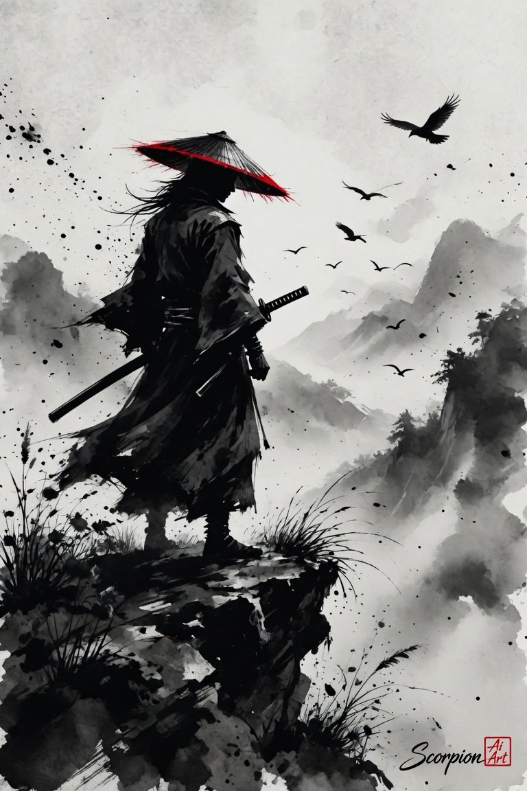 Lone Ronin #promptshare lone ronin, silhouette, sumi-e ink wash style, conical straw hat with red ri…
