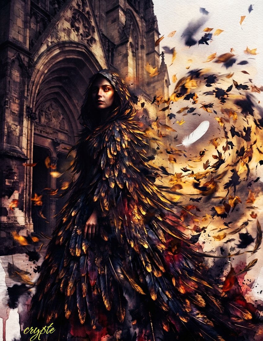 #FeatherFashion #AutumnEdition #ScorpionAIArt Day 2: Whispers of Autumn. Watercolor