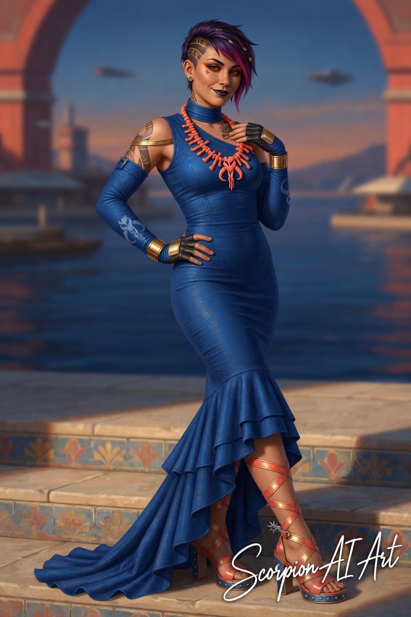 Deep Blue: Cobalt blue jersey mermaid dress, high sandals, coral necklace