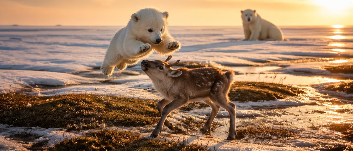 I'm getting started today. Baby polar bear playing with a baby reindeer North Pole. #SeasonofFirstBr…