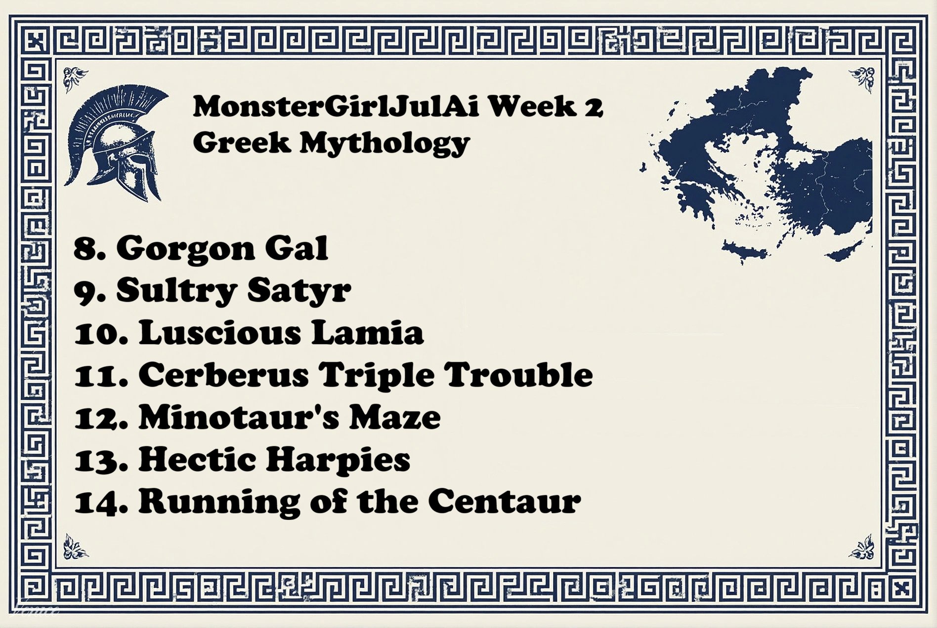 Week 2 of #MonsterGirlJulAi cruises through the Mediterranean to find some spooky Greek girlies