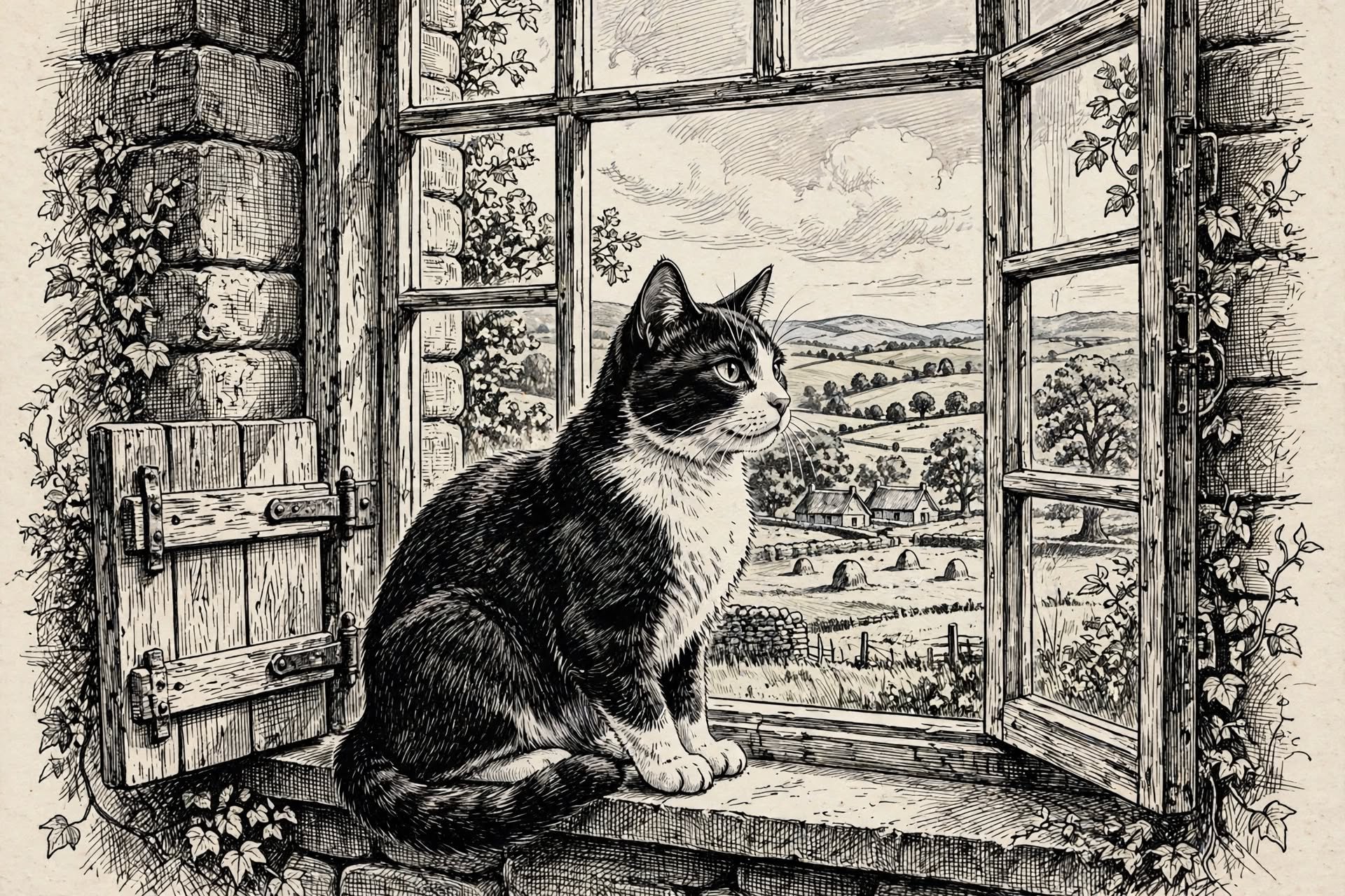 tuxedo cat perched on a cottage windowsill #Caturday
