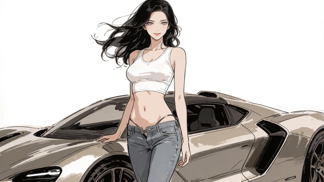 Tall slender young fitness model diva with full pouty crimson lips, sensual grey eyes, and wet lustrous wavy black hair blowing in the wind, highly defined muscle tone and prominent feminine curves. She stands confidently next to a shiny modern stree