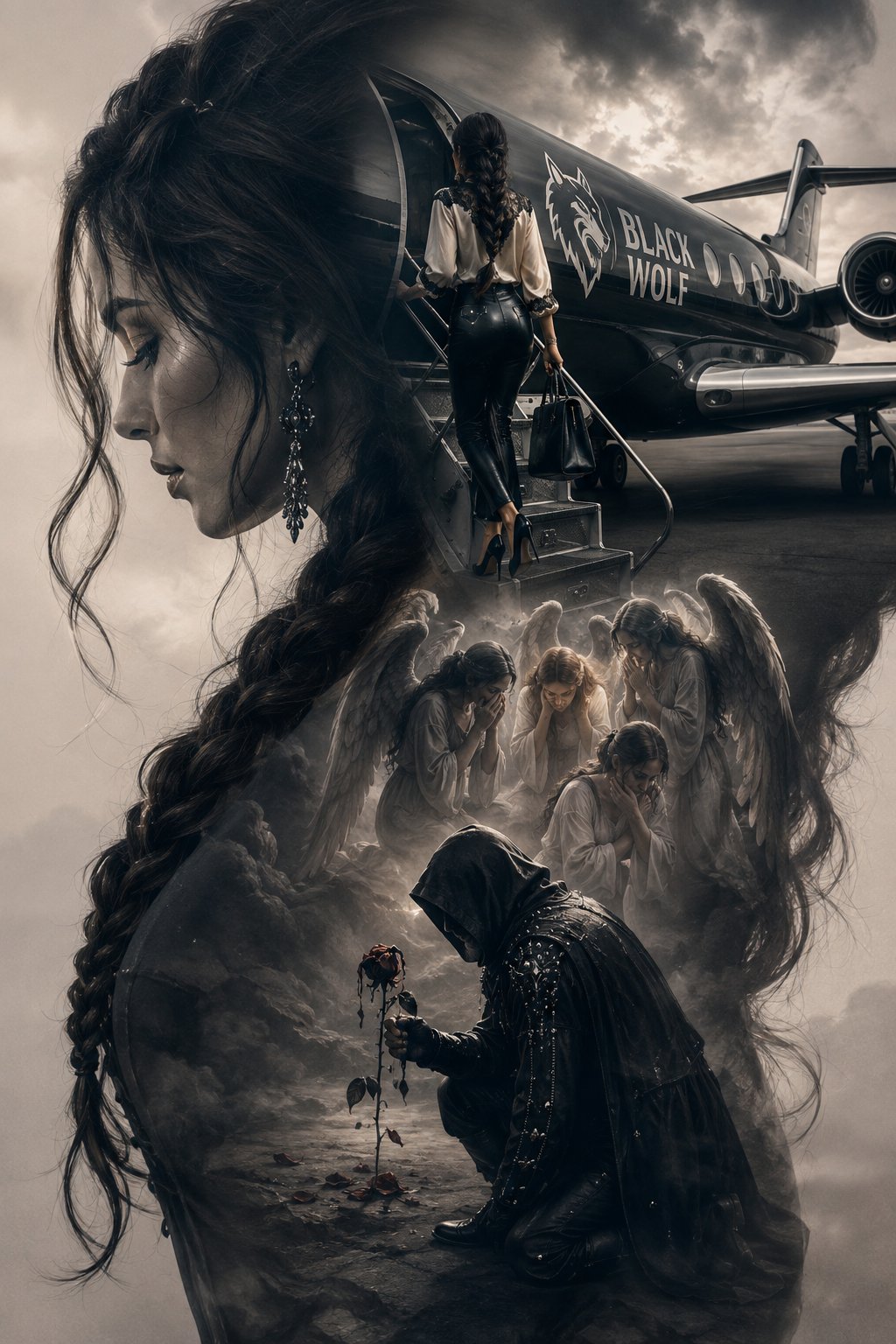 Art style challenge by @GuruScorpion Double Exposure Even the angels wept 😇🥲 ✈️🥀🖤