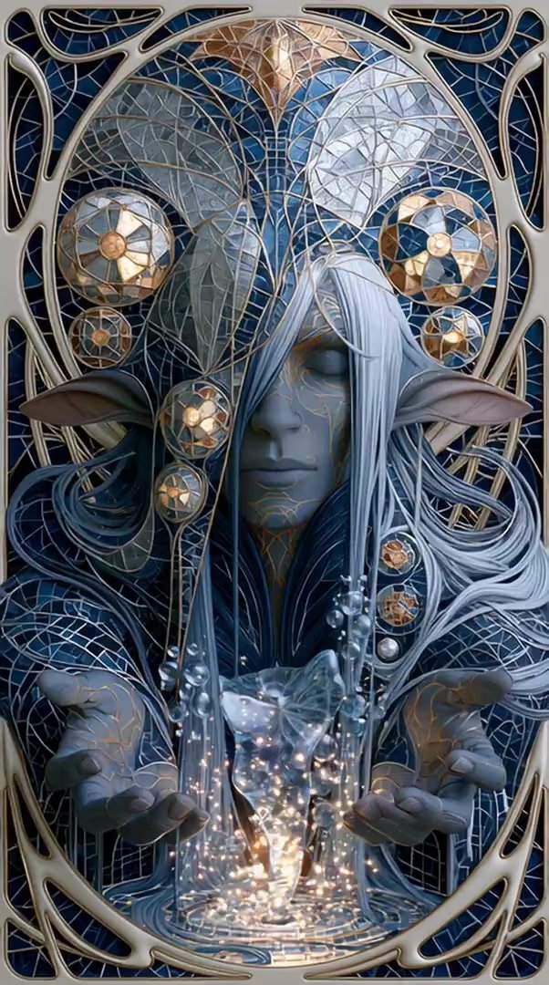 A blue-and-gold elven seer gazes into a shimmering pool of l…