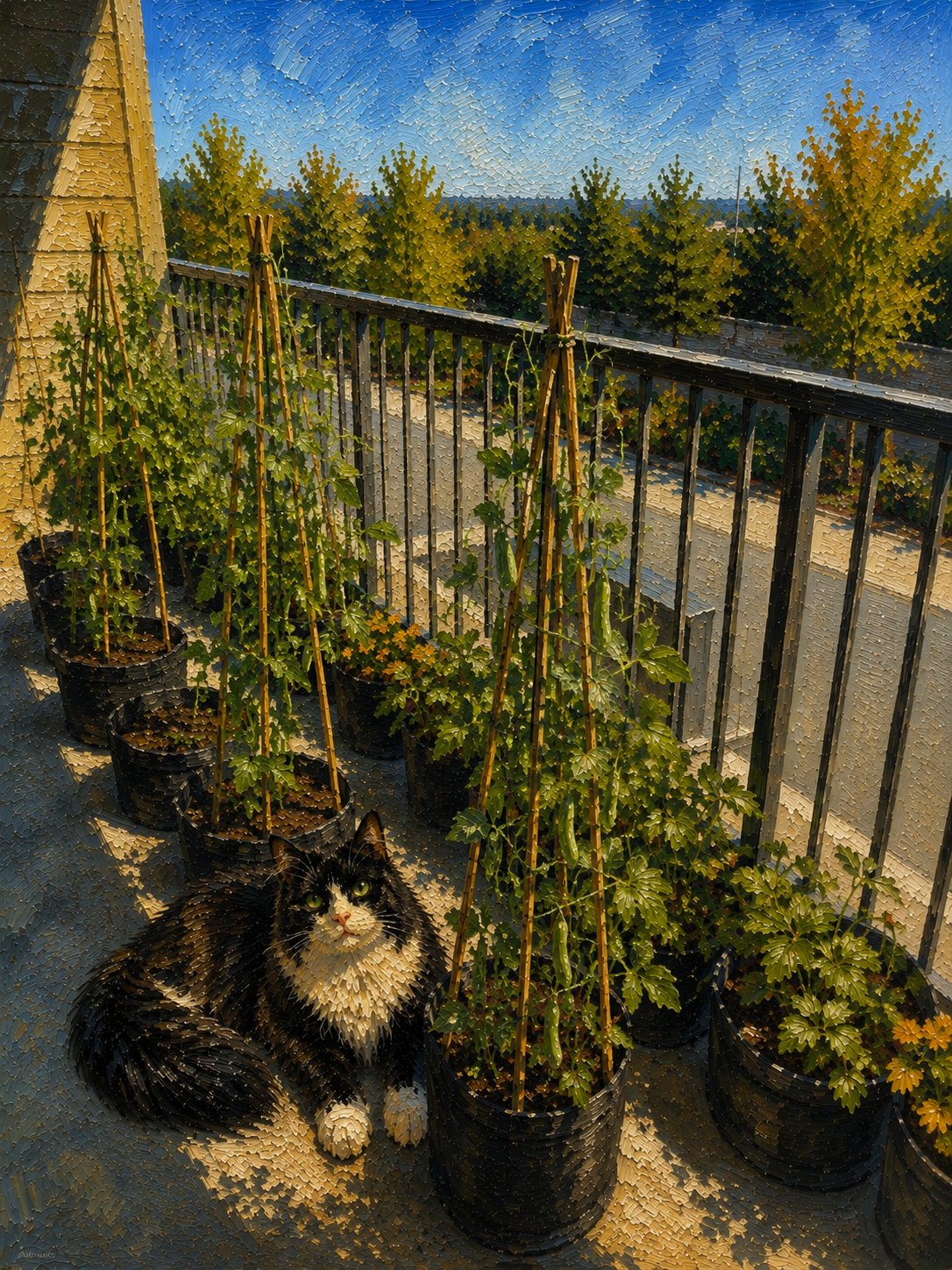 My garden and cat in an oil painting