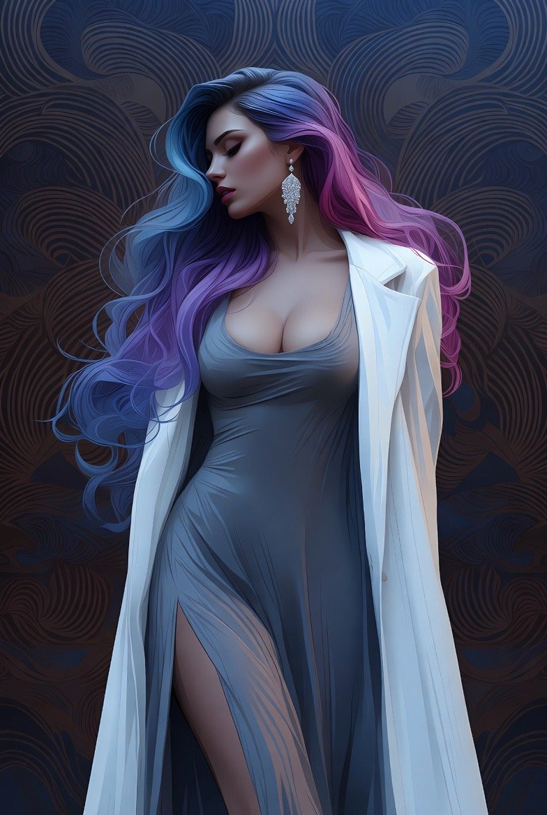 Long dress + simple coat - Pure white, wool - Crystal earrings - Winter Finale art