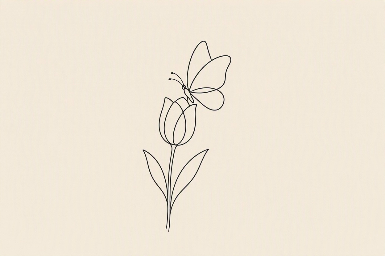 A Minimalist Continuous -Line Drawing Of A Butterfly Delicately Balanced On A Tulip