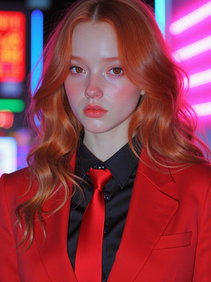 masterpiece, best quality, score_7, very aesthetic, ultra-detailed, British woman, slight heterochromia with one brown eye and one dark amber eye, long wavy auburn hair, medium breasts, pale skin, closed mouth, red business suit jacket, black collare